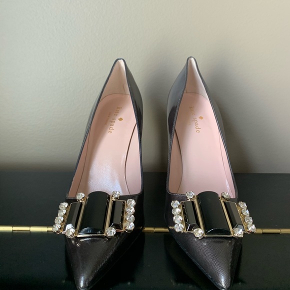 NEW! Laylee grey/saffiano patent. KATE SPADE CRYSTAL EMBELLISHED HEELS. - Picture 2 of 6